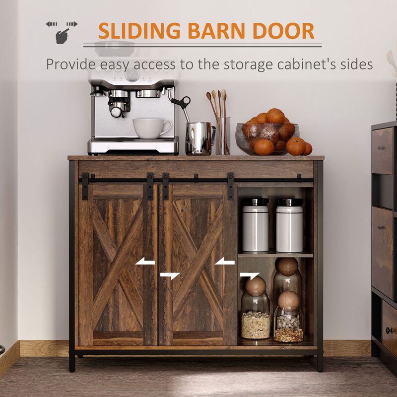 Rustic Brown Dining: Industrial Buffet with Sliding Barn Doors