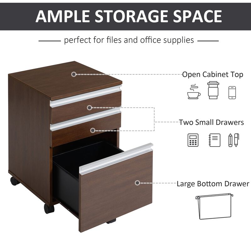 Brown Mobile Organizer: 3-Drawer Rolling File Cabinet for Office