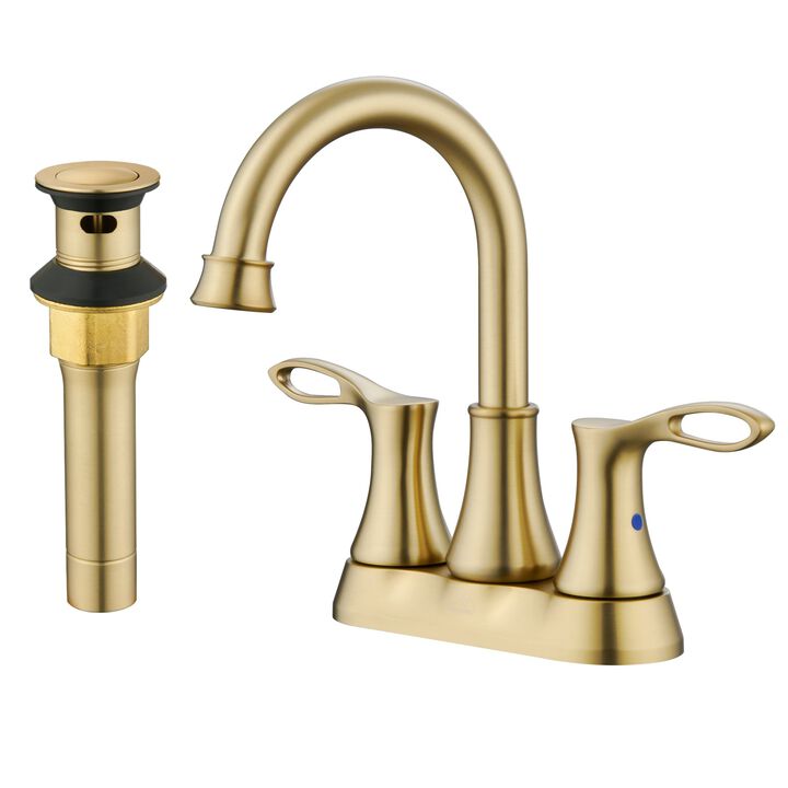 Mondawe 4 Inch 2-Handle Centerset High Arc Bathroom Sink Faucet Lavatory Faucet with Stainless Steel Drain