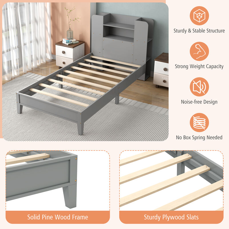 Wooden Platform Bed Frame with Bookcase Headboard