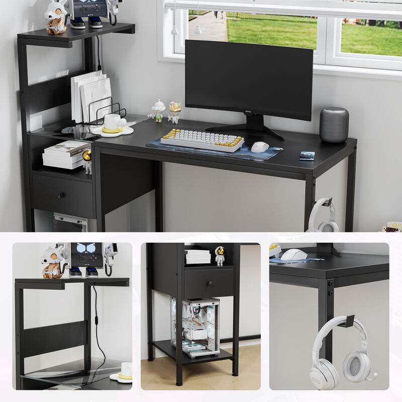 Home Office Computer Desk with Charging Station, USB Ports & Storage Shelves
