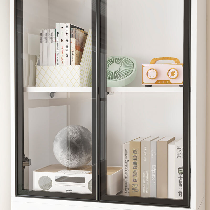 FUFU&GAGA Slim Bookshelf with Glass Doors & LED Lights, Modern Narrow Bookcase with Adjustable Storage for Living Room, Study & Home Office (24.3" W x 86.6" H x 11.8" D),White