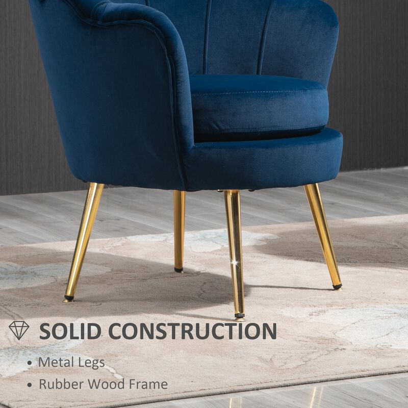 Blue Velvet Lounger: Accent Chair with Gold Metal Legs