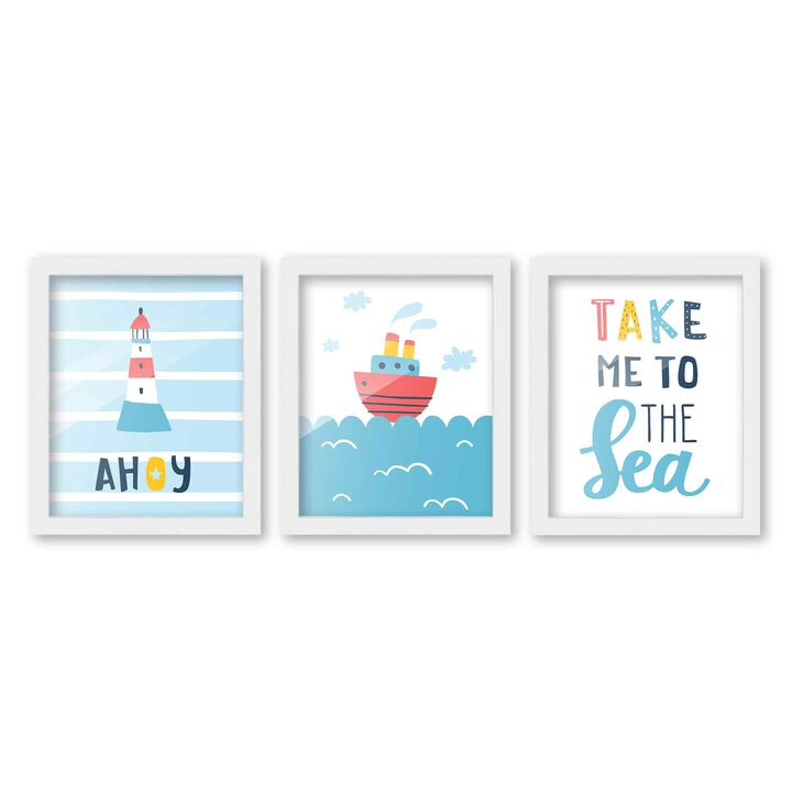 8x10 Framed Nursery Wall Art Set of 3 Hand Drawn Nautical Prints in White Wood Frames