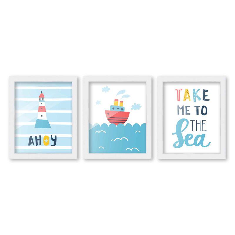 8x10 Framed Nursery Wall Art Set of 3 Hand Drawn Nautical Prints in White Wood Frames