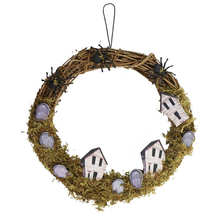 Haunted Hill Farm 15 Rattan Spooky Wreath with Spiders, Tombstones, & Haunted Houses