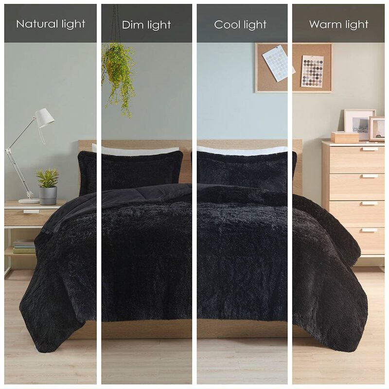 Hivvago Full/Queen Black Soft Sherpa Faux Fur 3 Piece Comforter Set with Pillow Shams