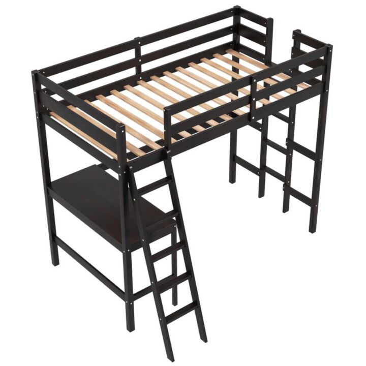 Hivvago Twin Size Loft Bed Frame with Desk Angled and Built-in Ladder