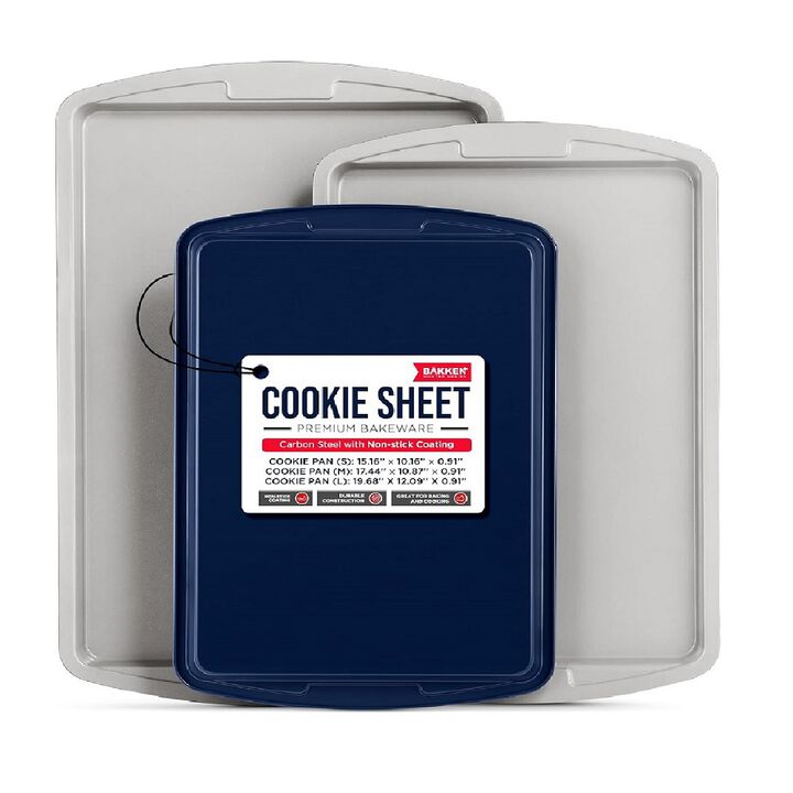 Bakken Swiss Cookie Sheet 3 Piece Set - Non-Stick, Stackable Baking Pans, Deluxe Ceramic Coating – Dishwasher Safe - for Home Baking