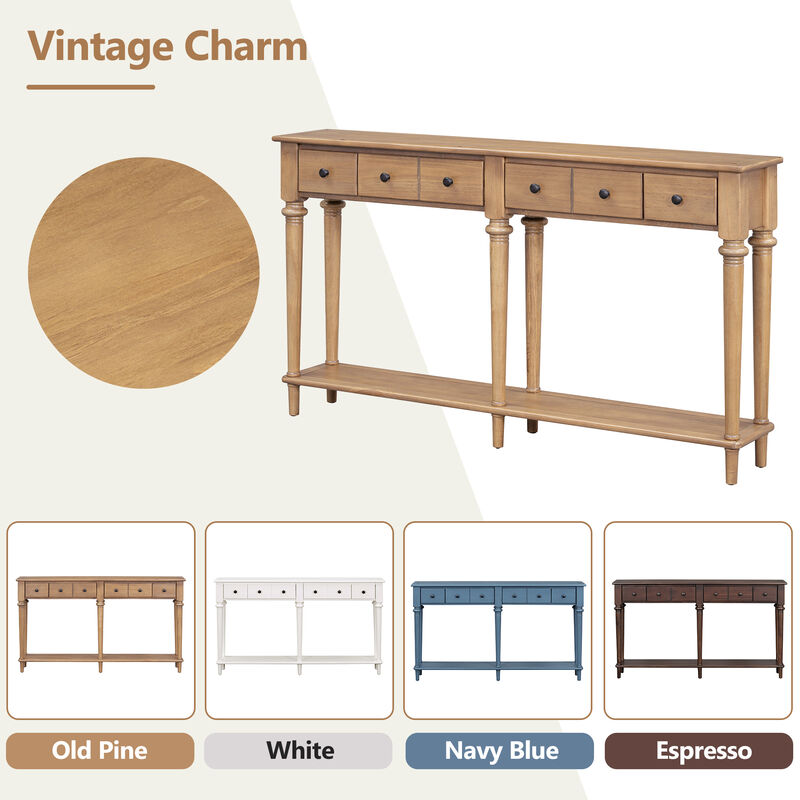 Gewnee Retro Console Table with 4 Drawers and Open Shelf (Old Pine)