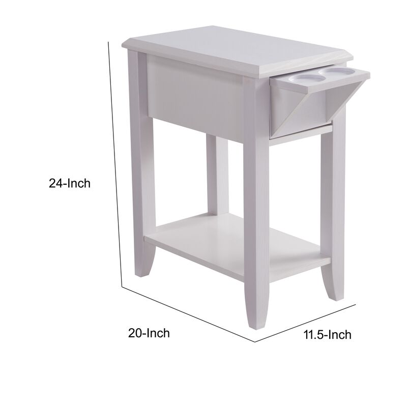 24 Inch Modern Chairside Table with Extendable Drawer and Cupholders, White - Benzara