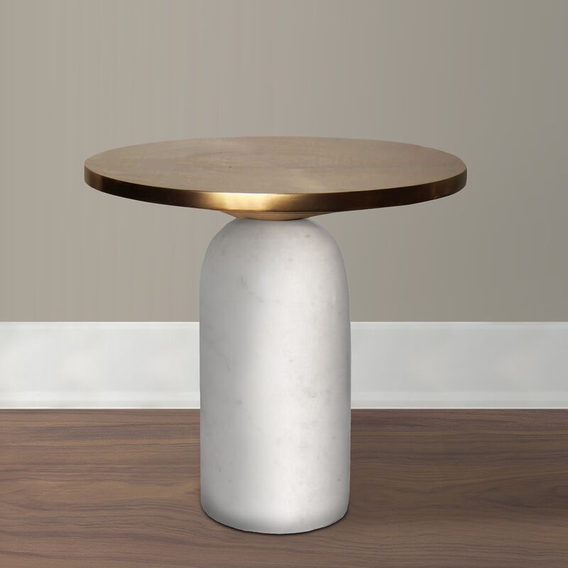 17 Inch Round Brass Modern Accent End Table with Cylindrical Marble Base, Brass, White-Benzara