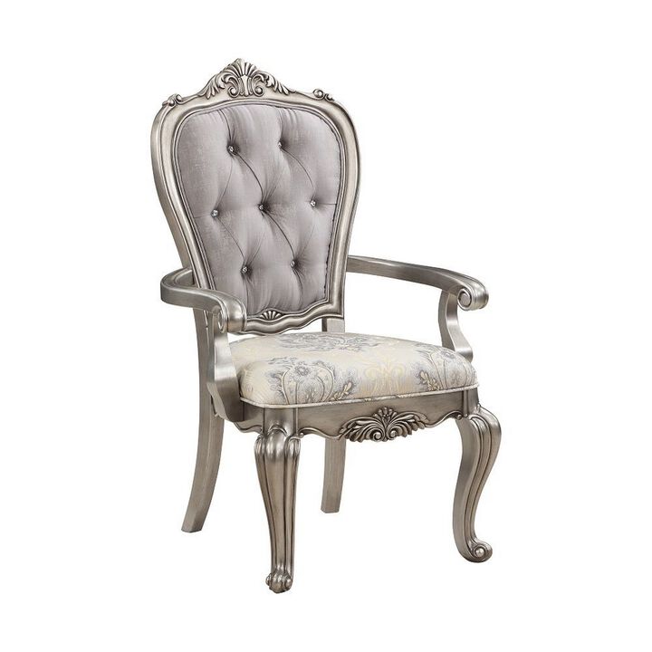 Aria 27 Inch Dining Armchair Set of 2, Plush Velvet, Antique Platinum Tone - Benzara