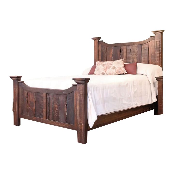 Bry King Size Bed, Pine and Mango Wood, Panel Headboard, Rustic Brown - Benzara