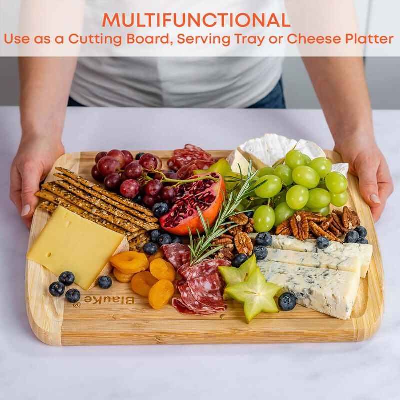 Large Wood Cutting Board for Kitchen 14x11 inch - Bamboo Chopping Board with Juice Groove - Wooden Serving Tray