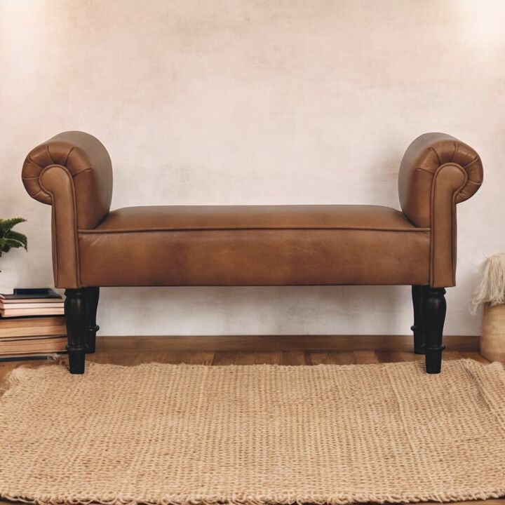Artisan Furniture Solid Wood Brown Buffalo Leather Rolled Arms Bench