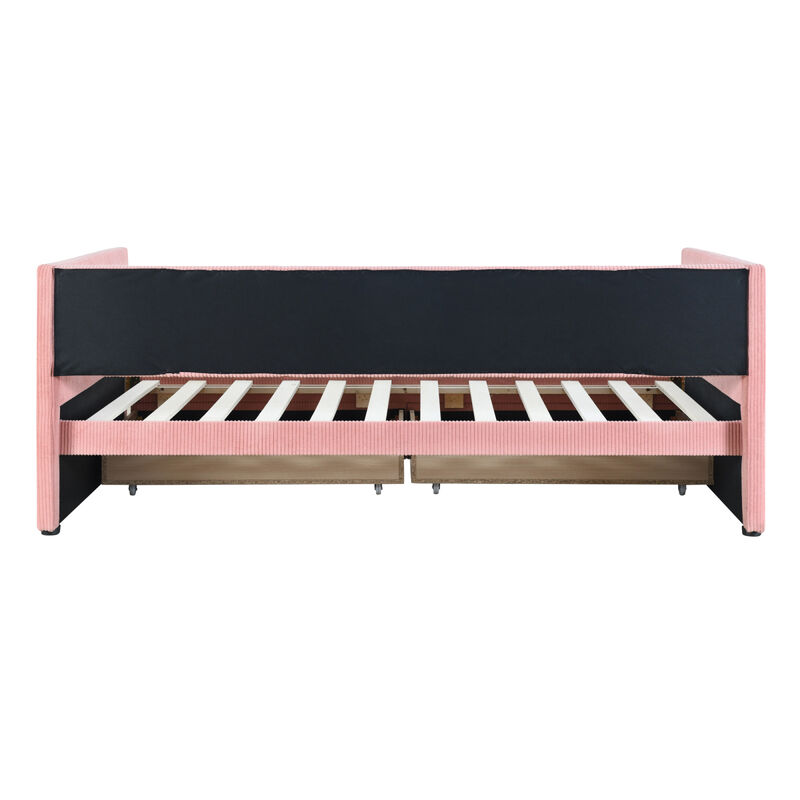 Twin Size Corduroy Daybed With Two Drawers And Wood Slat, Pink