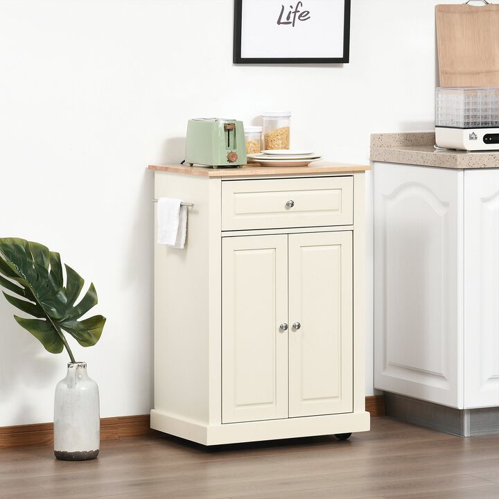 Cream Kitchen Helper: Portable Island Cart with Drawer and Shelf