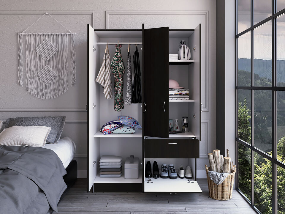 DEPOT E-SHOP Itaca Armoire, Double Door Cabinet, One Drawer, Five Interior Shelves, Rod, Black / White