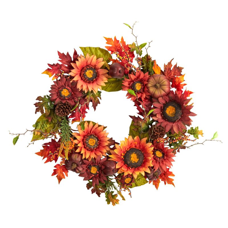 Nearly Natural 24-in Autumn Sunflower, Pumpkin, Pinecone and Berries Fall Artificial Wreath