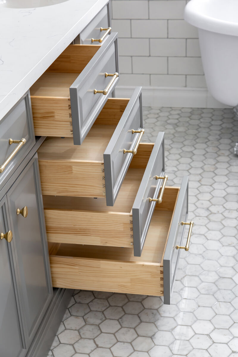 Palace 72 In. Double Sink Carrara Quartz Countertop Bath Vanity in Cashmere Grey with Satin Gold Hardware