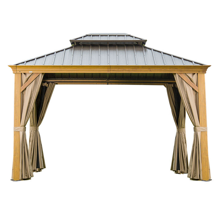 10'X12' Wood-Look Gazebo with Steel Roof & Curtains