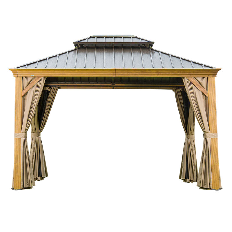10'X12' Wood-Look Gazebo with Steel Roof & Curtains