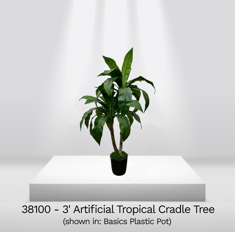 Handmade 3' Artificial Tropical Cradle Tree In Home Basics Plastic Pot Made with Real Wood and Moss Accents