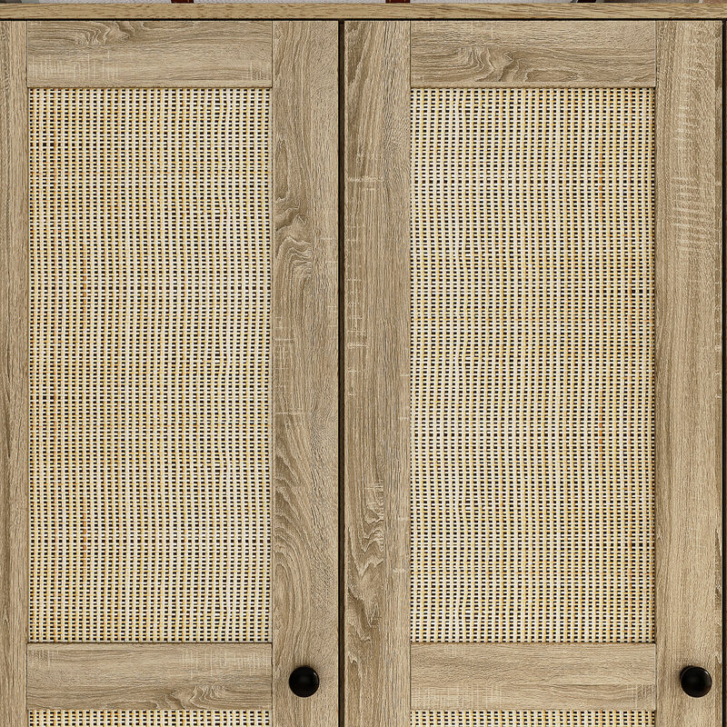 Brown Wood Grain 59 in. W Rattan Doors Design Armoires Wardrobe with 5-Drawers, 2-Hanging Rods (70.8 in. H x 18.8 in. D)