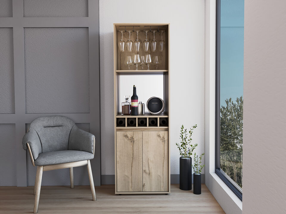 DEPOT E-SHOP Dallas Bar Double Door Cabinet, Five Built-in Wine Rack, Two Shelves, Two Interior Shelves, Light Oak