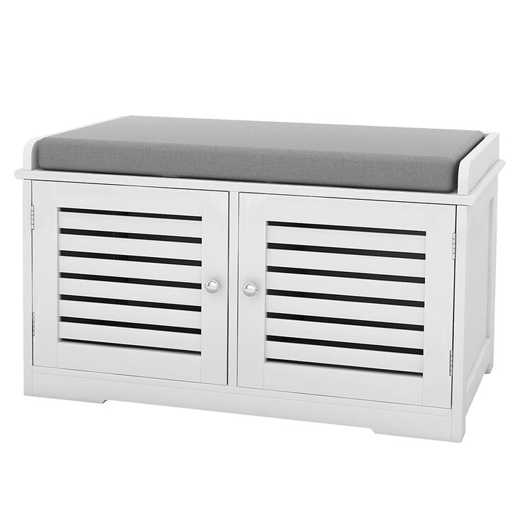 White 28.74 in. Bedroom Bench with 2 Barn Doors