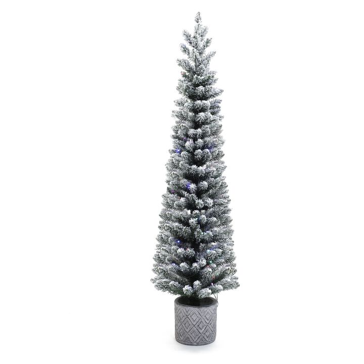 LuxenHome 5Ft Flocked Artificial Tree Potted with Multi-Color Lights