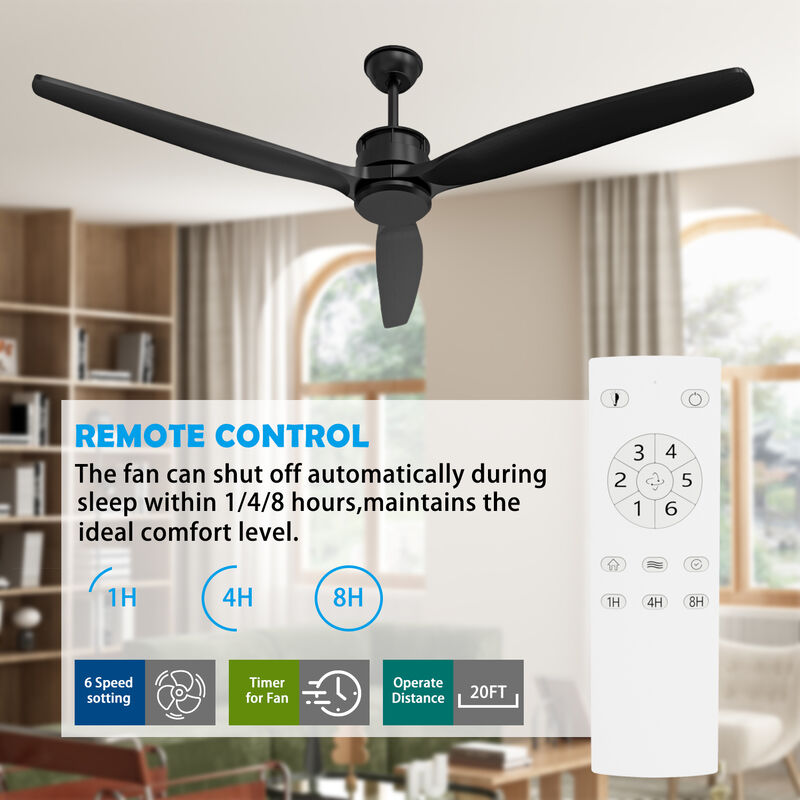 Indoor/Outdoor Use 60 in. Black 3 Wooden Blade Propeller Ceiling Fan with Remote Control, DC Motor, 6-Speed Adjustable
