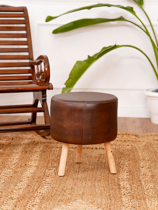 Handmade Eco-Friendly Geometric Buffalo Leather & Wood Black Round Ottomon Stool 14"x14"x14" From BBH Homes