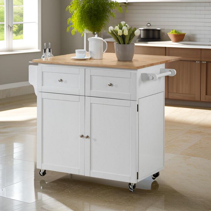 Modern Dual Tone Wooden Kitchen Cart with Spacious Storage, Brown And White - Benzara