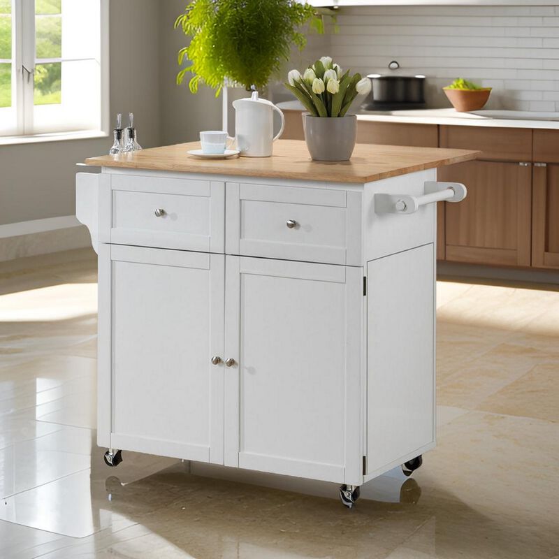 Modern Dual Tone Wooden Kitchen Cart with Spacious Storage, Brown And White - Benzara