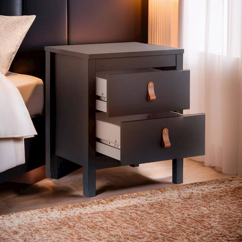 Furnifact Stylish Black Matte Nightstand With Two Drawers For Modern Bedrooms