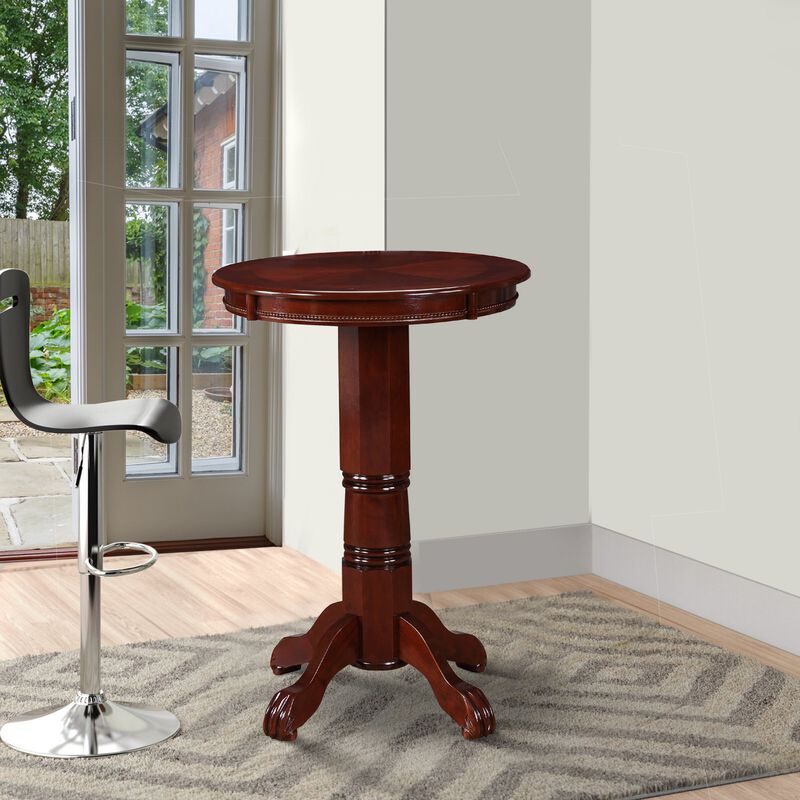 Ava 42 Inch Wood Pub Bar Table, Sunburst Design, Carved Pedestal, Dark Brown-Benzara