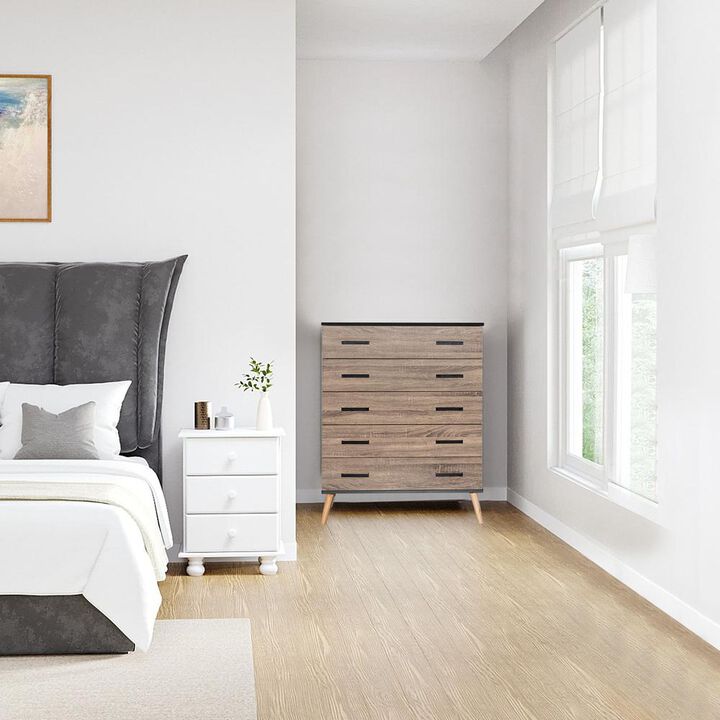 Better Home Products Eli Mid-Century Modern 5 Drawer Chest in Black & Sonoma Oak