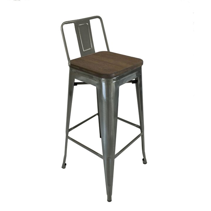 Trace 30 Inch Barstool Chair, Low Back, Wood Seat, Light Gray Metal - Benzara