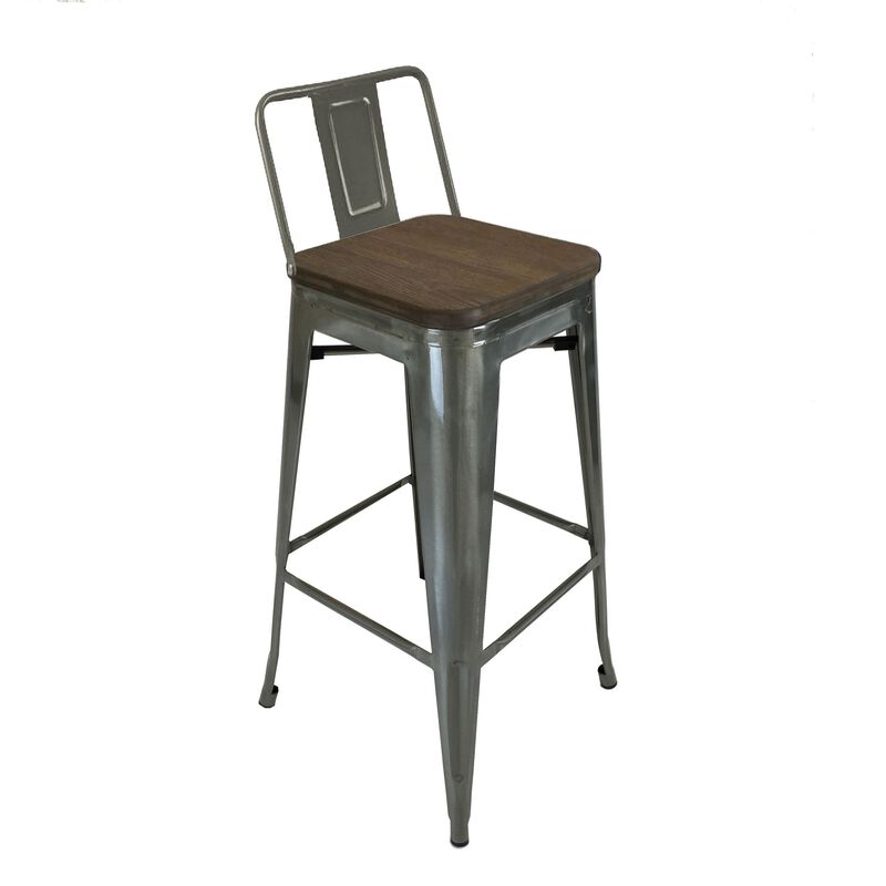 Trace 30 Inch Barstool Chair, Low Back, Wood Seat, Light Gray Metal - Benzara