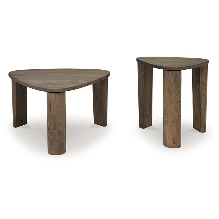 Nesting Accent Table Set of 2, Triangular Shape Tops, Brown Mango Wood - Benzara