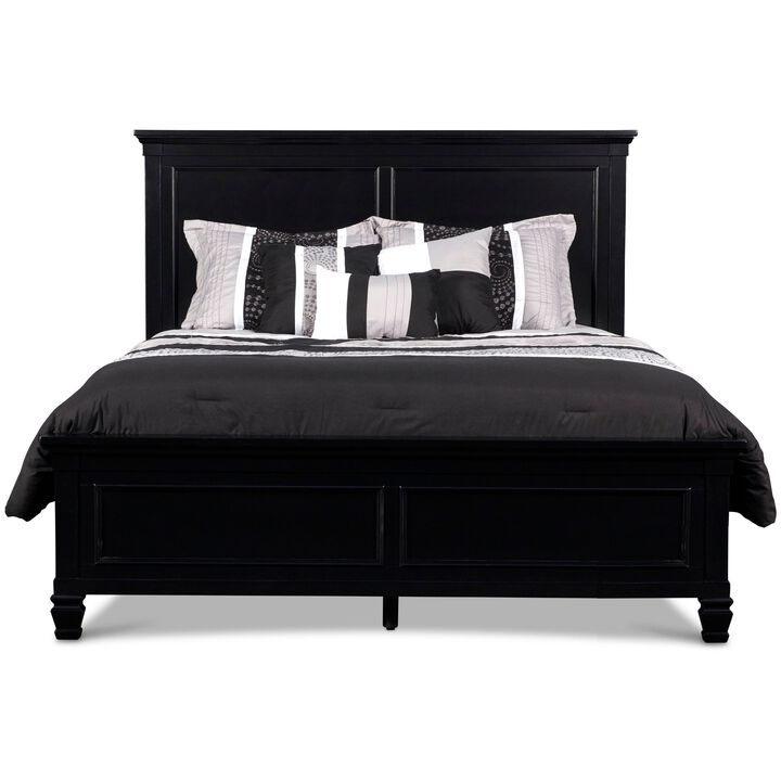 Umi Queen Size Bed, Classic Panel Design with Molded Details, Black Wood - Benzara