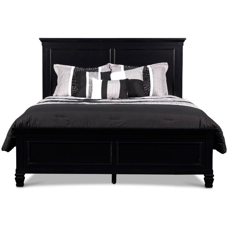 Umi Queen Size Bed, Classic Panel Design with Molded Details, Black Wood - Benzara