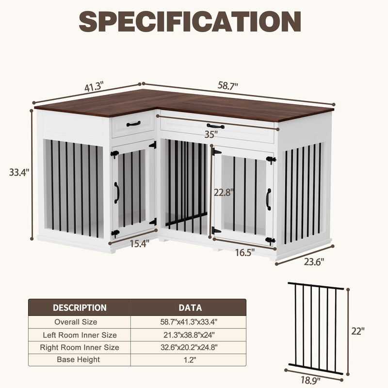 Large Corner Dog Crate Furniture for 2 Dogs with 2 Drawers, Wooden Dog Kennel Corner Dog Cage Perfect for Limited Room
