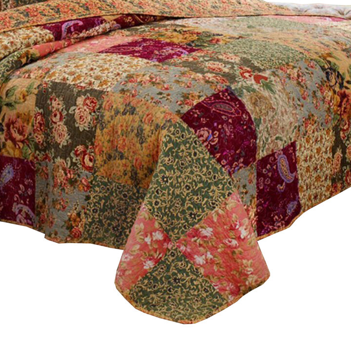 Kamet 3 Piece Fabric Queen Size Quilt Set with Floral Prints, Multicolor - Benzara