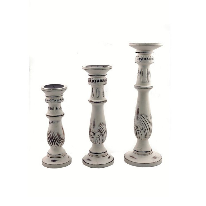 Benzara Distressed Mango Wood Pillar Shaped Candle holder, Set of 3, White-Benzara