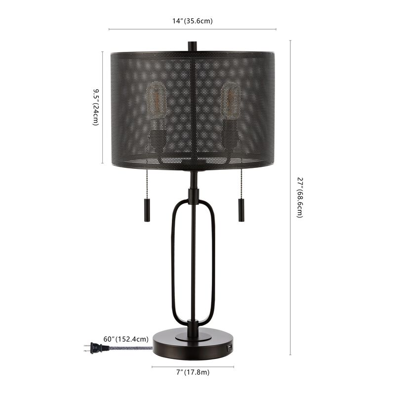 Hank 2-Light Industrial Farmhouse Iron LED Table Lamp with USB Charging Port