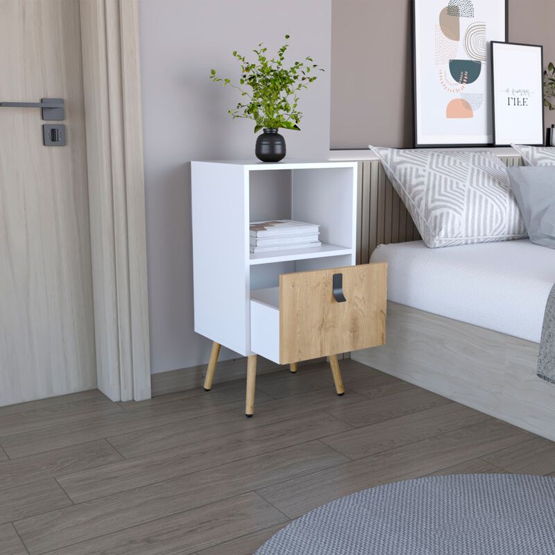 Huna Tall Nightstand with Open Storage and Drawer in Modern Design-White / Macadamia