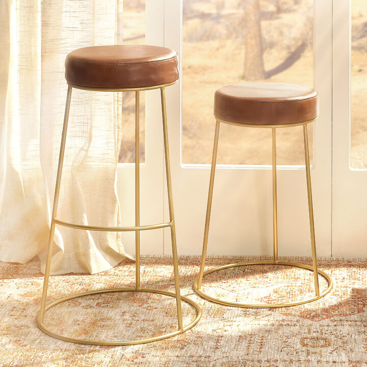 Henry Round Brown Leather Counter Stool